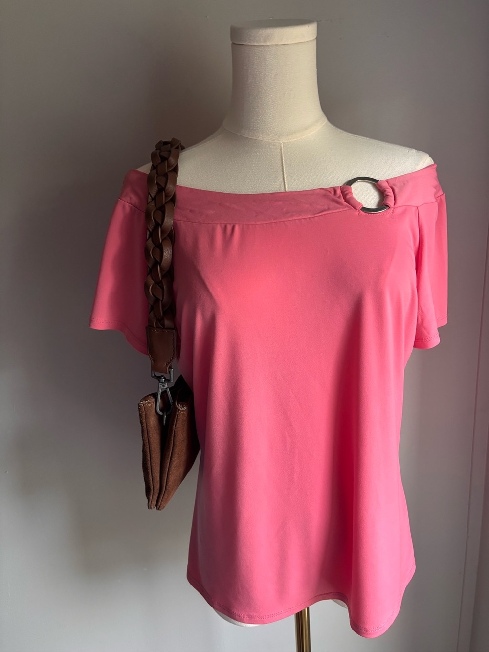 Y2K Off-Shoulder Ring Detail Top - Coral Pink